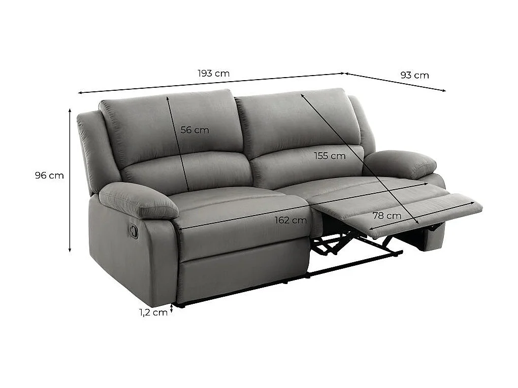 Canapé relax manuel 3 places avec 2 assises XXL Léo en microfibre - Gris - L193 x P93 x H96cm - Loungitude