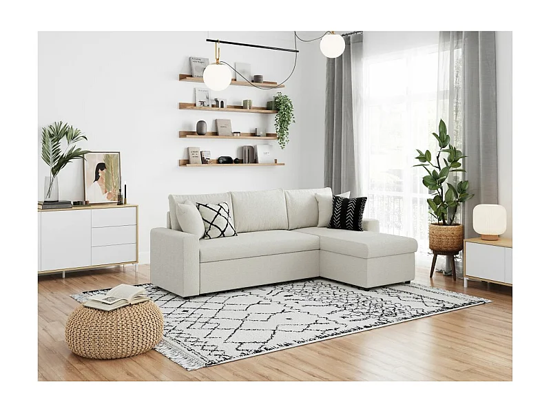 Canapé d'angle 3 places Maria réversible, convertible en tissu bouclette - Blanc - L227 x P146 x H81cm - Loungitude