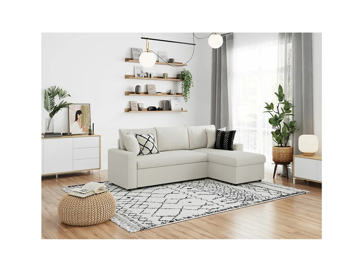 Canapé d'angle 3 places Maria réversible, convertible en tissu bouclette - Blanc - L227 x P146 x H81cm - Loungitude