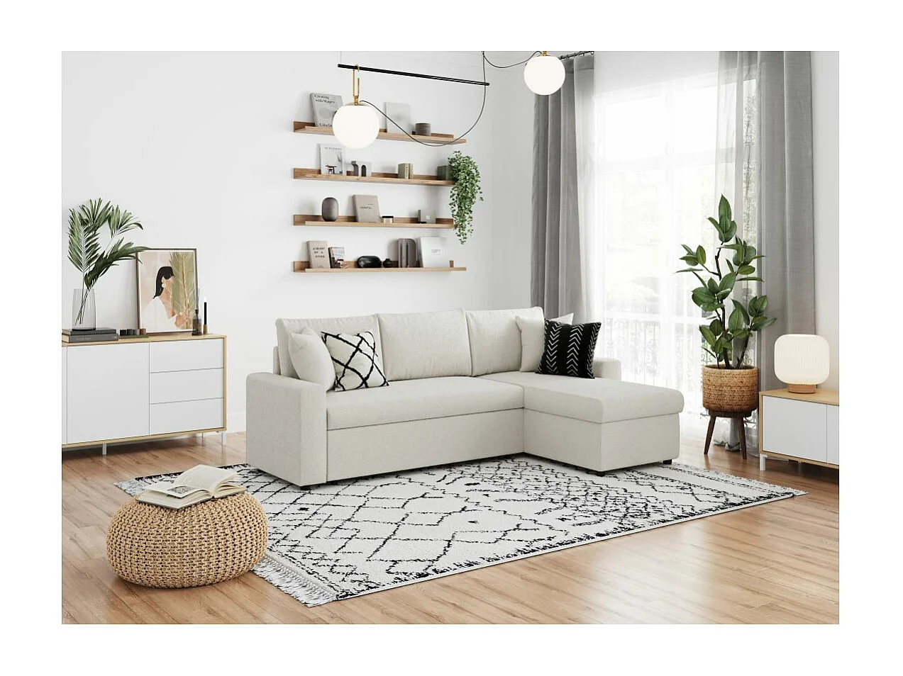 Canapé d'angle 3 places Maria réversible, convertible en tissu bouclette - Blanc - L227 x P146 x H81cm - Loungitude