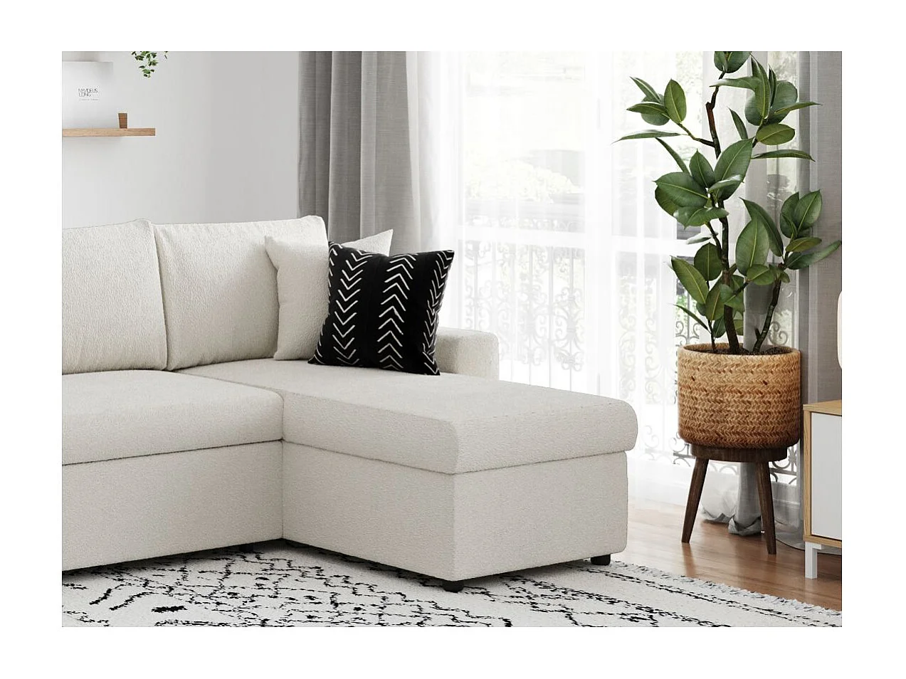 Canapé d'angle 3 places Maria réversible, convertible en tissu bouclette - Blanc - L227 x P146 x H81cm - Loungitude