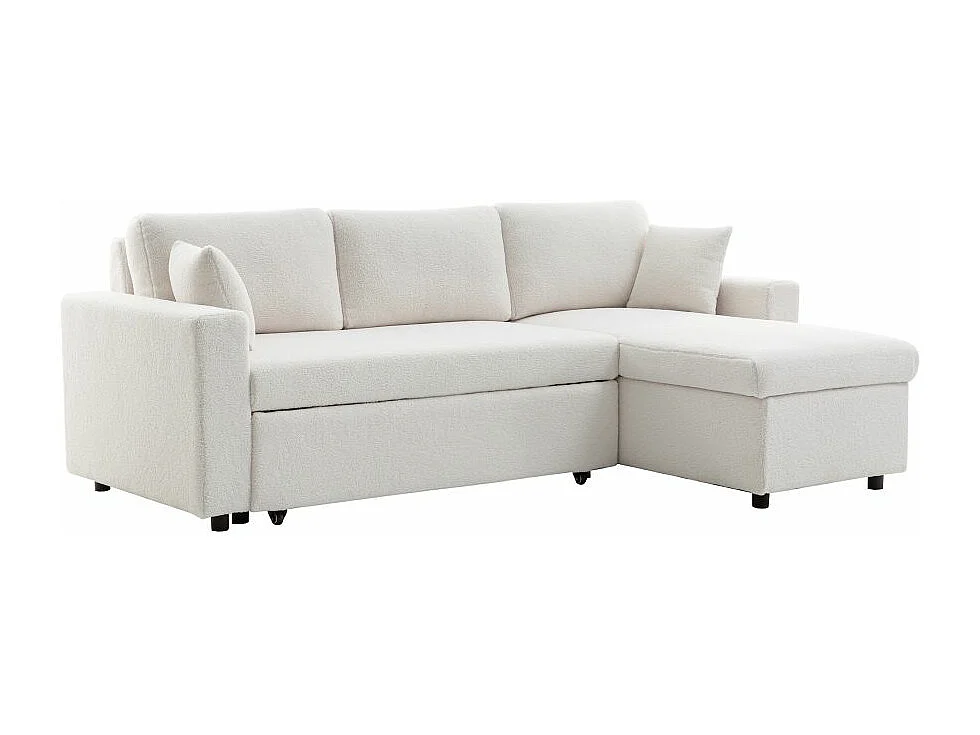 Canapé d'angle 3 places Maria réversible, convertible en tissu bouclette - Blanc - L227 x P146 x H81cm - Loungitude