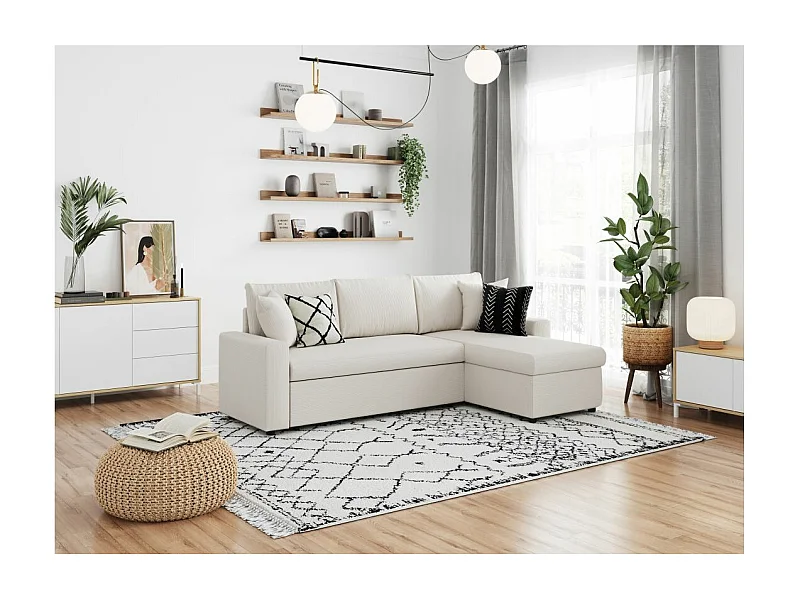 Canapé d'angle 3 places convertible et réversible Maria en velours côtelé fin avec coffre - Blanc - L227 x P146 x H81cm - Loungitude