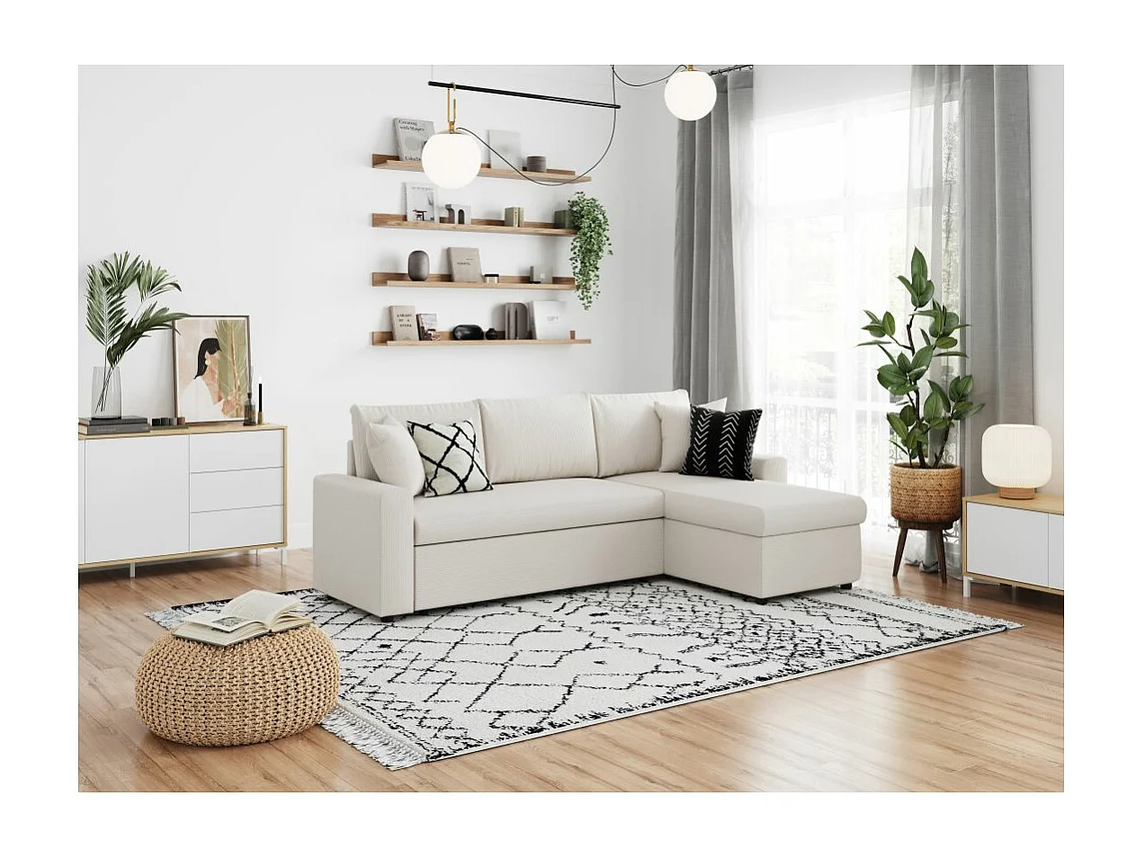 Canapé d'angle 3 places convertible et réversible Maria en velours côtelé fin avec coffre - Blanc - L227 x P146 x H81cm - Loungitude