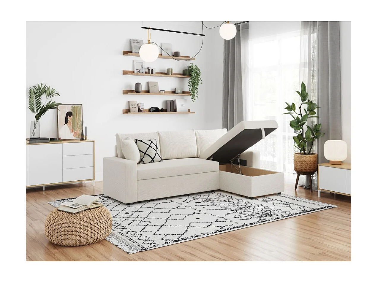 Canapé d'angle 3 places convertible et réversible Maria en velours côtelé fin avec coffre - Blanc - L227 x P146 x H81cm - Loungitude