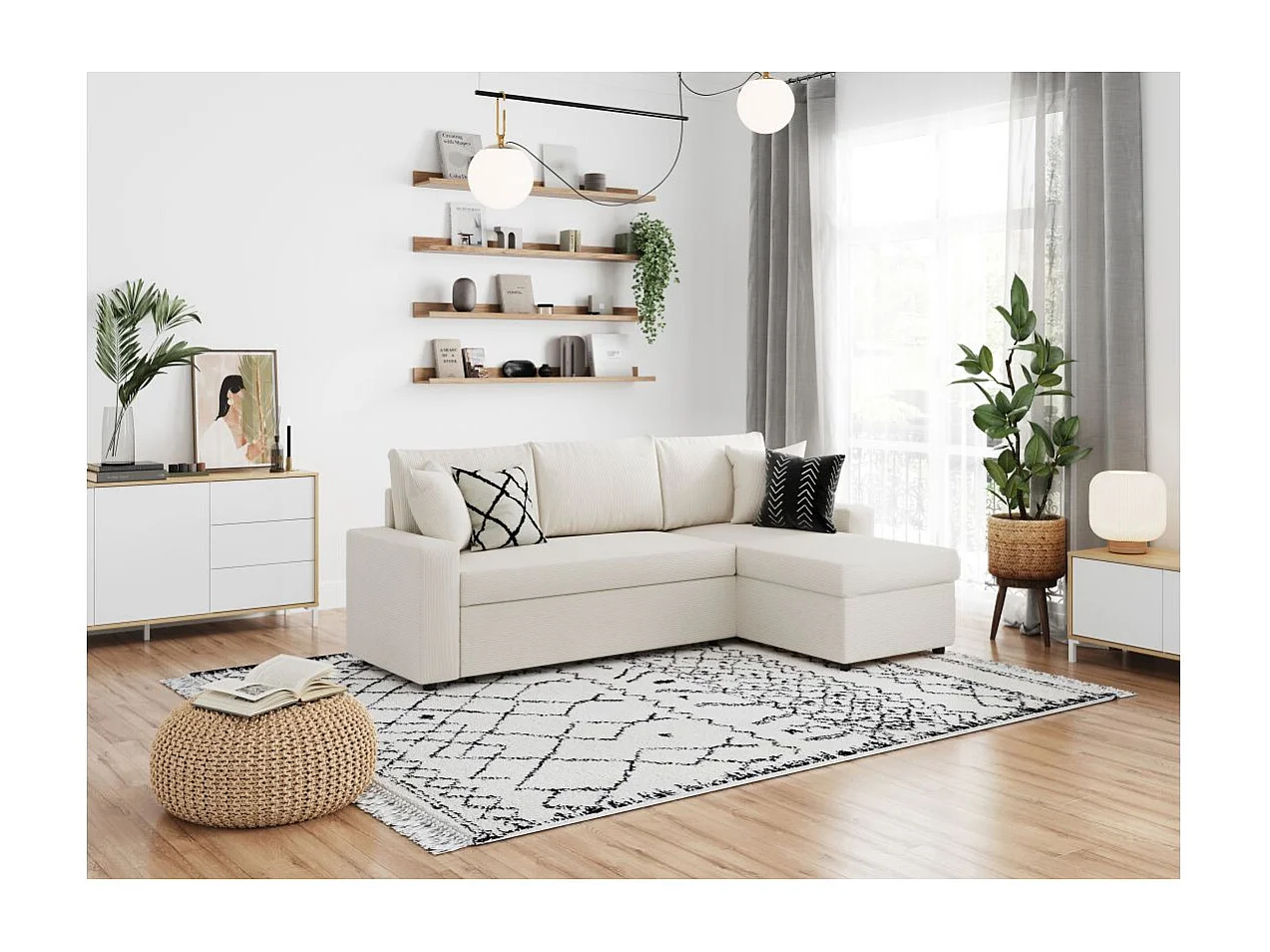 Canapé d'angle 3 places convertible et réversible Maria en velours côtelé fin avec coffre - Blanc - L227 x P146 x H81cm - Loungitude