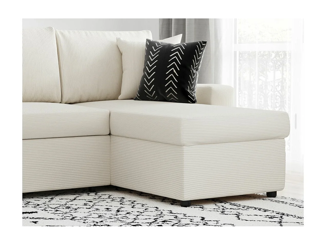 Canapé d'angle 3 places convertible et réversible Maria en velours côtelé fin avec coffre - Blanc - L227 x P146 x H81cm - Loungitude
