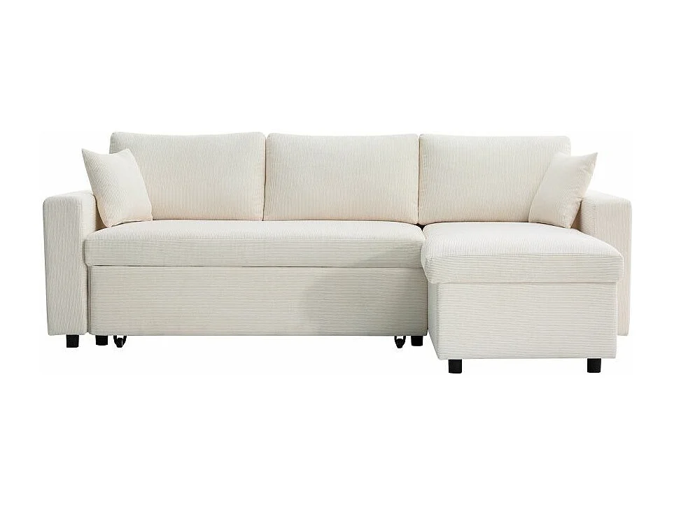 Canapé d'angle 3 places convertible et réversible Maria en velours côtelé fin avec coffre - Blanc - L227 x P146 x H81cm - Loungitude