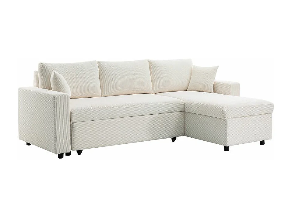 Canapé d'angle 3 places convertible et réversible Maria en velours côtelé fin avec coffre - Blanc - L227 x P146 x H81cm - Loungitude