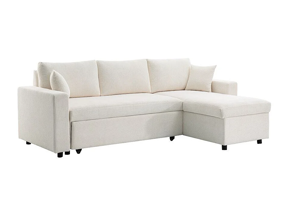Canapé d'angle 3 places convertible et réversible Maria en velours côtelé fin avec coffre - Blanc - L227 x P146 x H81cm - Loungitude