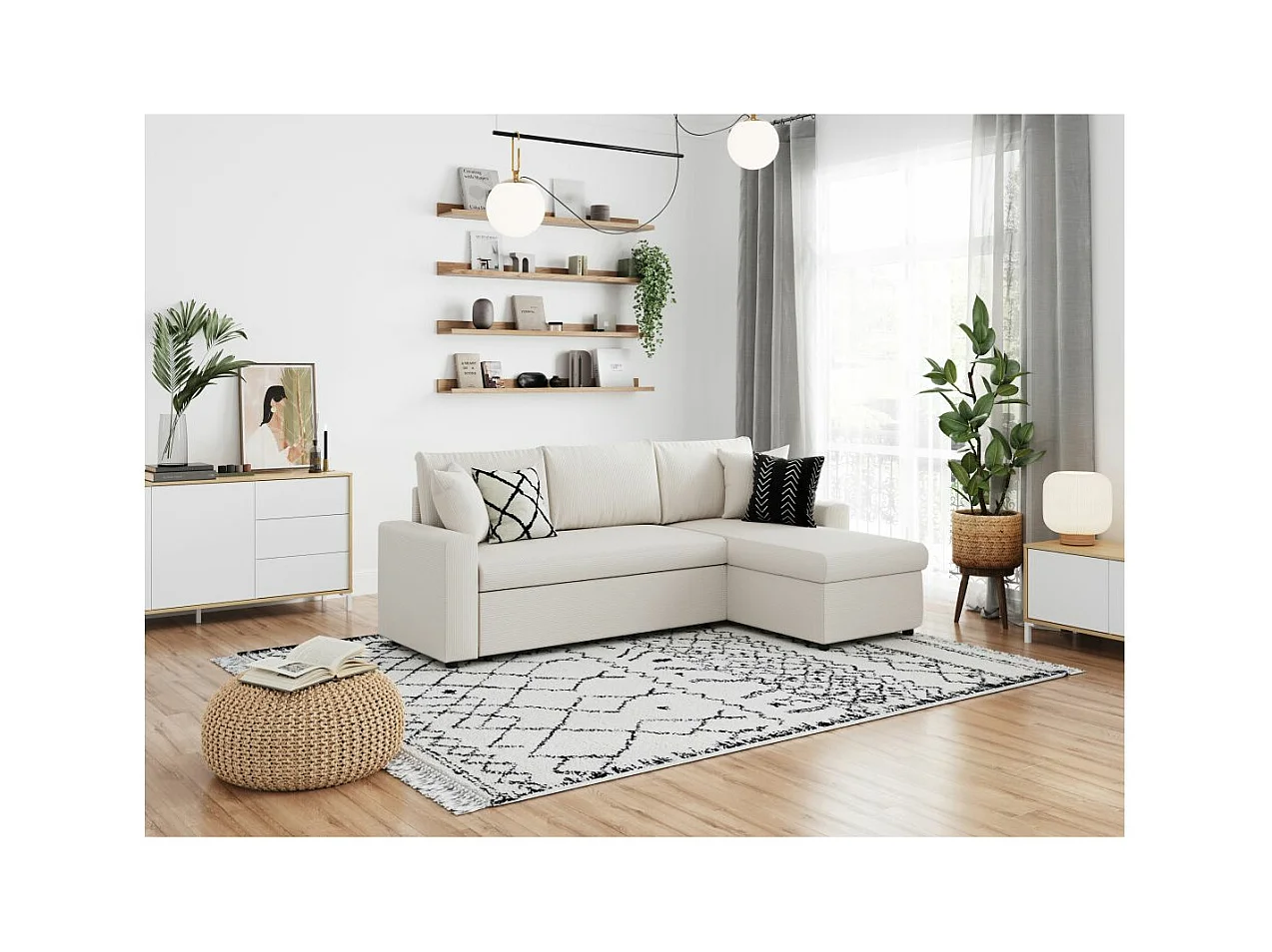 Canapé d'angle 3 places convertible et réversible Maria en velours côtelé fin avec coffre - Blanc - L227 x P146 x H81cm - Loungitude