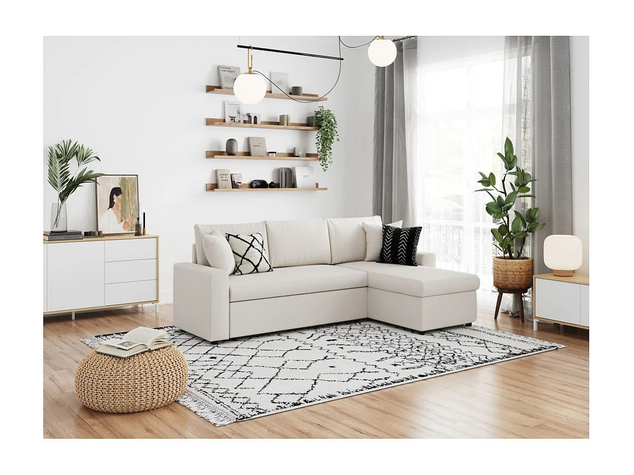 Canapé d'angle 3 places convertible et réversible Maria en velours côtelé fin avec coffre - Blanc - L227 x P146 x H81cm - Loungitude