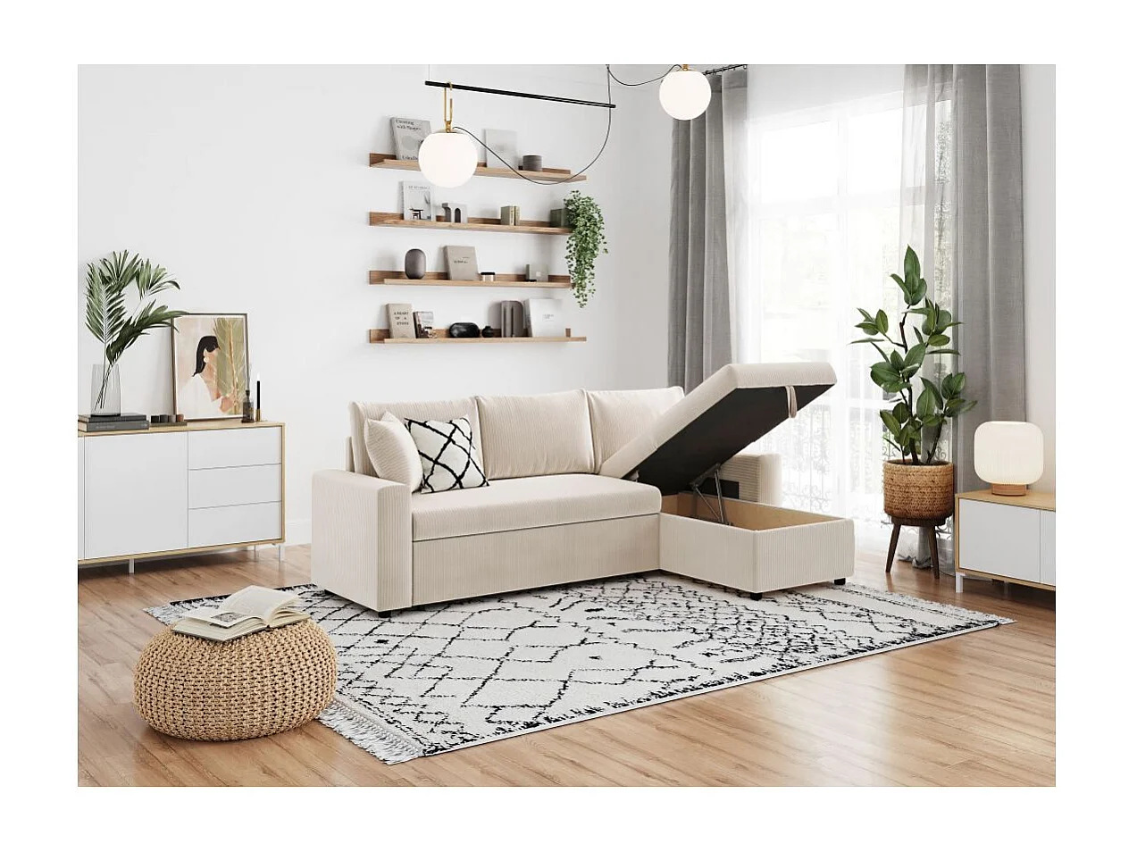 Canapé d'angle 3 places convertible et réversible Maria en velours côtelé fin avec coffre - Blanc - L227 x P146 x H81cm - Loungitude