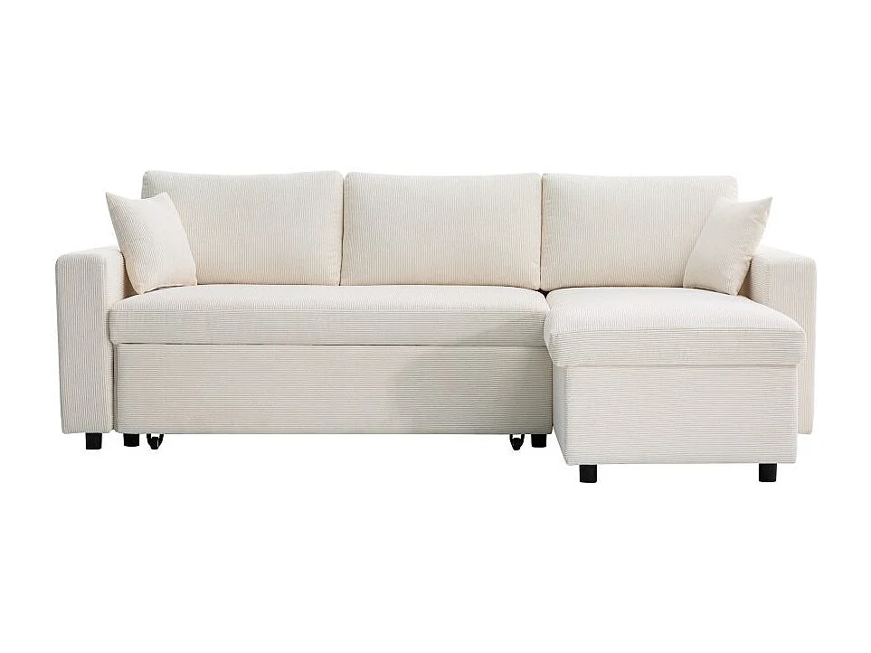 Canapé d'angle 3 places convertible et réversible Maria en velours côtelé fin avec coffre - Blanc - L227 x P146 x H81cm - Loungitude