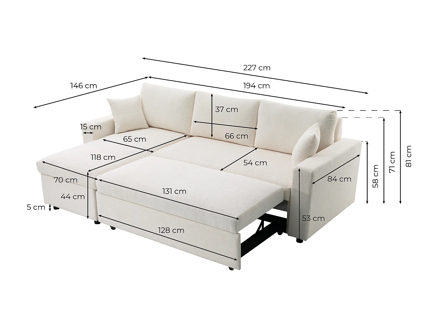 Canapé d'angle 3 places convertible et réversible Maria en velours côtelé fin avec coffre - Blanc - L227 x P146 x H81cm - Loungitude