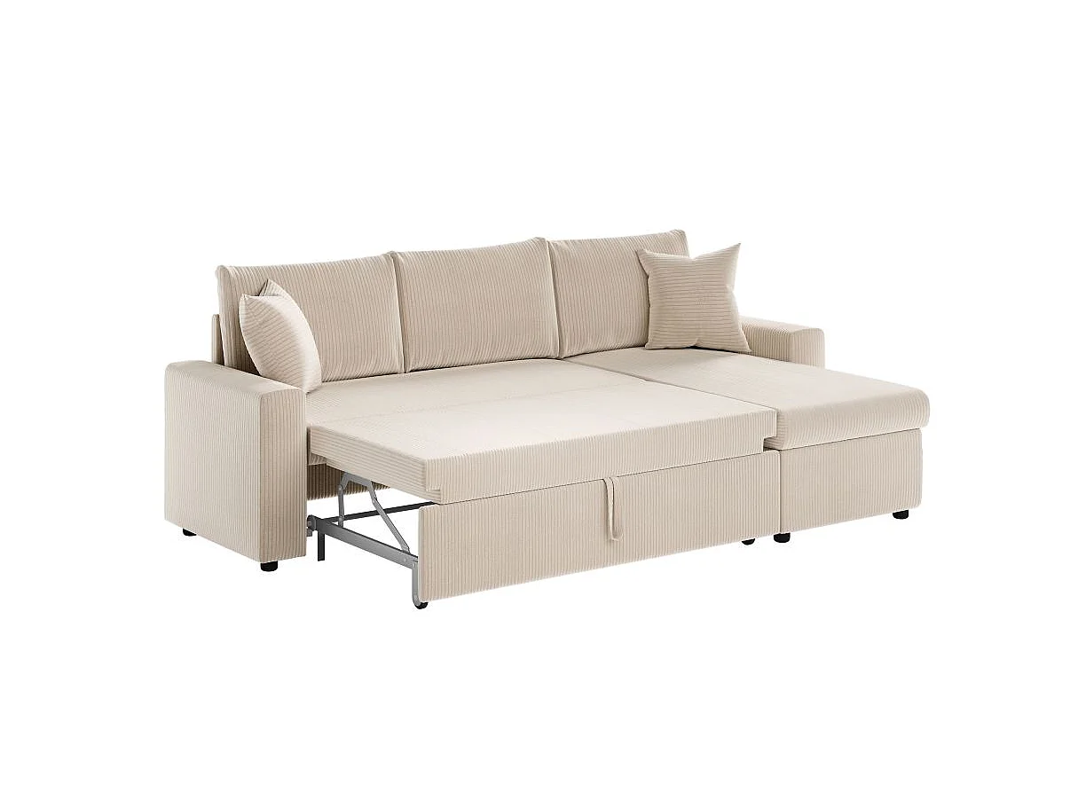 Canapé d'angle 3 places convertible et réversible Maria en velours côtelé fin avec coffre - Blanc - L227 x P146 x H81cm - Loungitude