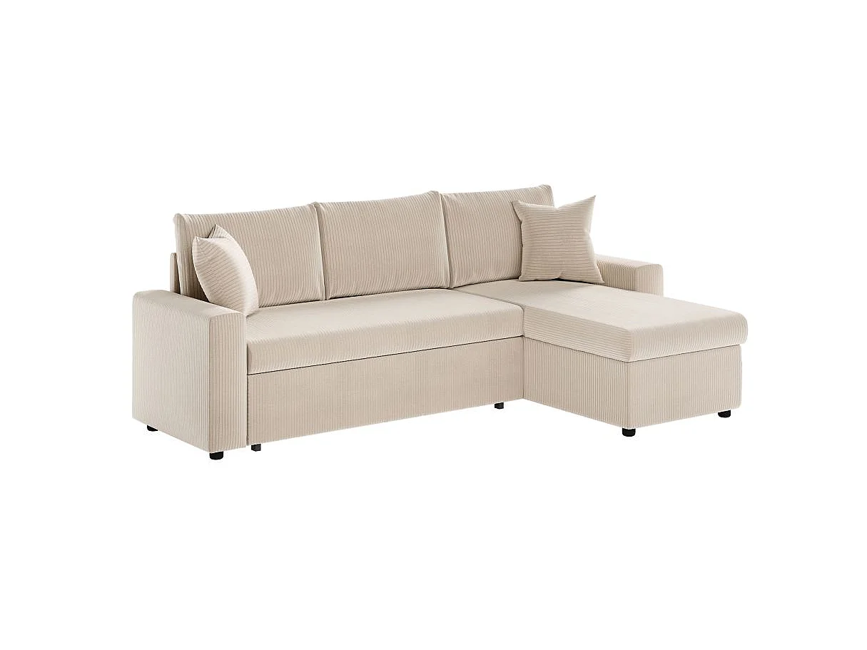 Canapé d'angle 3 places convertible et réversible Maria en velours côtelé fin avec coffre - Blanc - L227 x P146 x H81cm - Loungitude