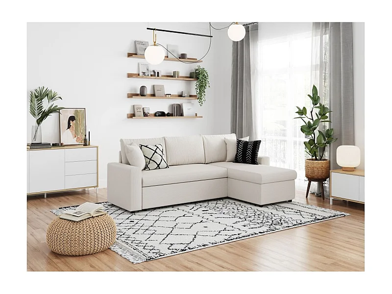 Canapé d'angle 3 places convertible et réversible Maria en velours côtelé fin avec coffre - Blanc - L227 x P146 x H81cm - Loungitude