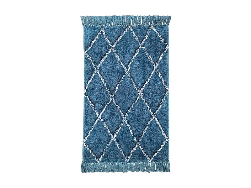 Tapis de bain 50 x 90 cm coton bleu style berbère à franges - FLUFFY