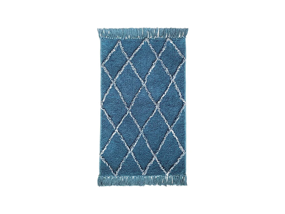 Tapis de bain 50 x 90 cm coton bleu style berbère à franges - FLUFFY