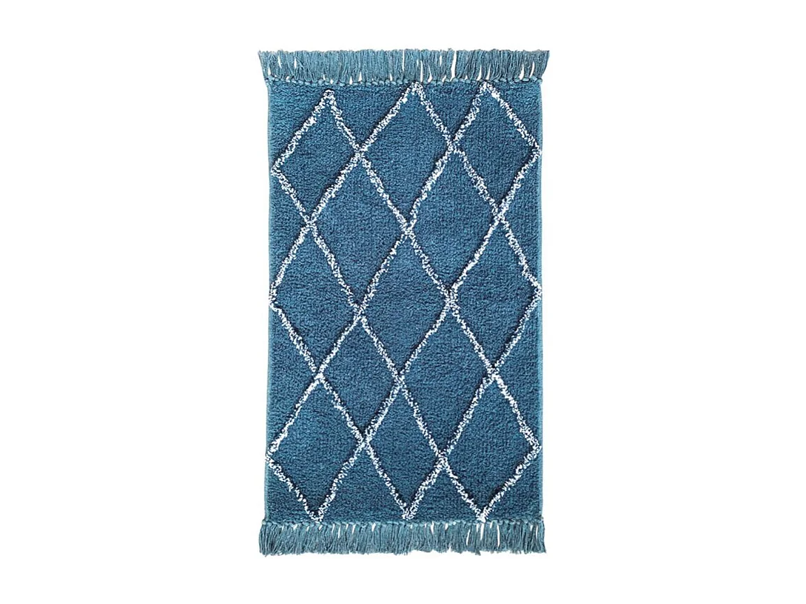 Tapis de bain 50 x 90 cm coton bleu style berbère à franges - FLUFFY