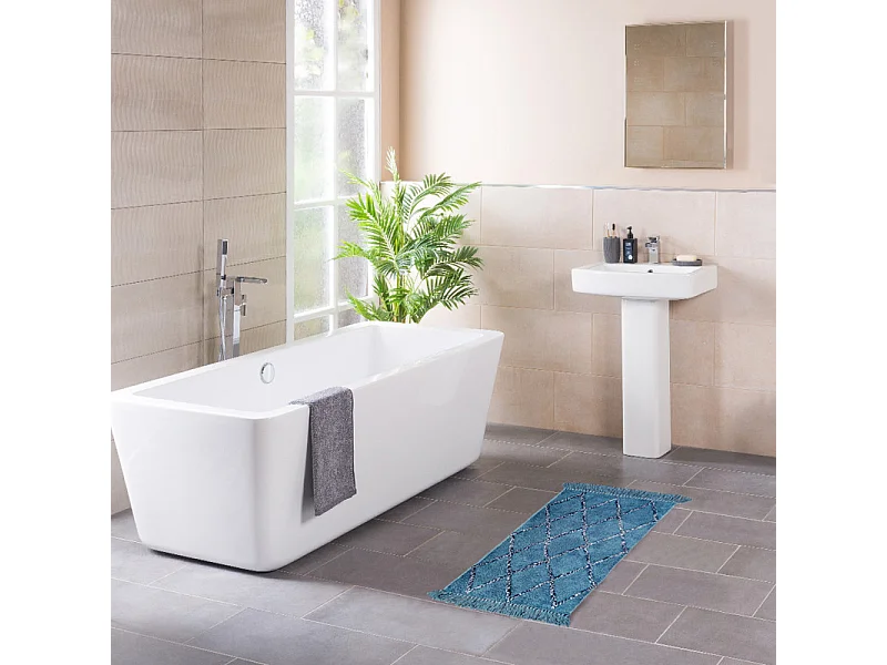 Tapis de bain 50 x 90 cm coton bleu style berbère à franges - FLUFFY