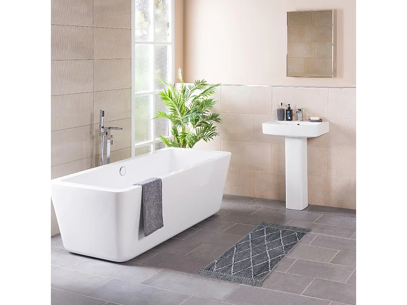 Tapis de bain 50 x 90 cm coton gris style berbère à franges - FLUFFY