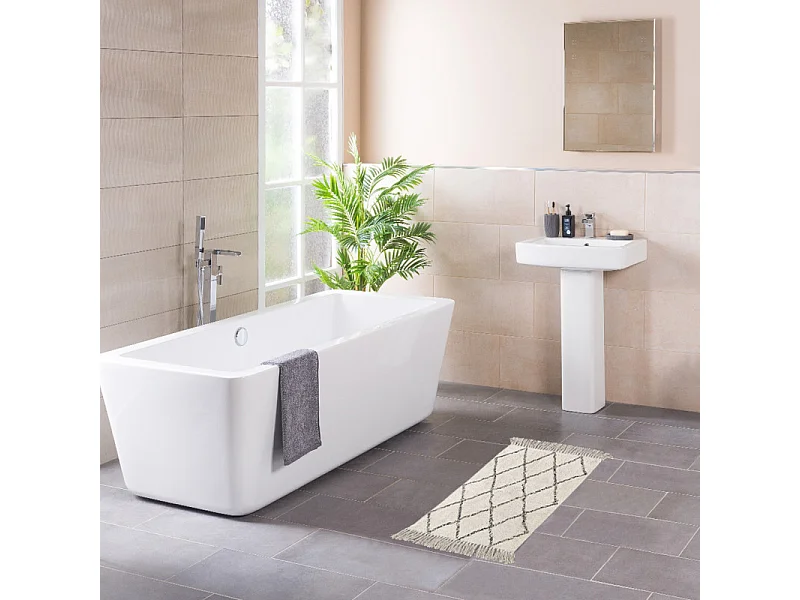 Tapis de bain 50 x 90 cm coton écru style berbère à franges - FLUFFY