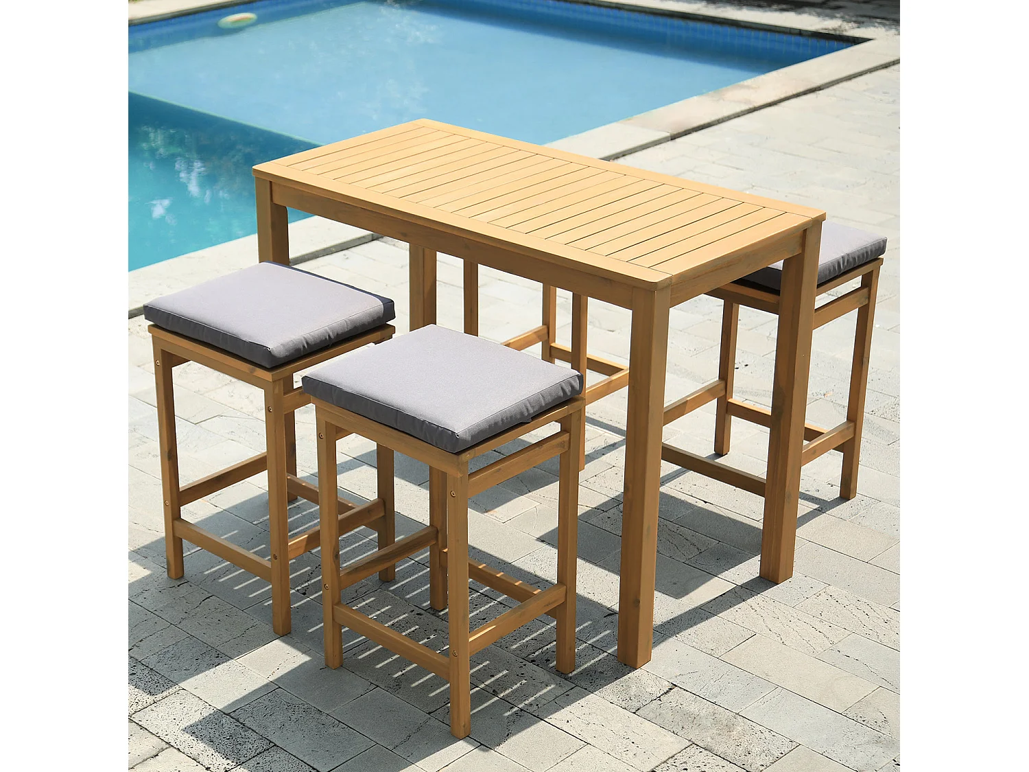 Mange debout ARUBA en acacia 4 places - coussins gris - HAPPY GARDEN