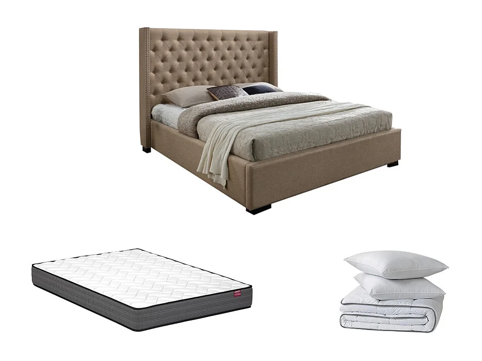 Letto 180 x 200 cm con testata trapuntata Tessuto Beige + Materasso + Piumino + Guanciali - MASSIMO II