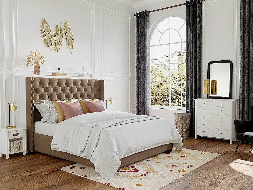 Letto 180 x 200 cm con testata trapuntata Tessuto Beige + Materasso + Piumino + Guanciali - MASSIMO II