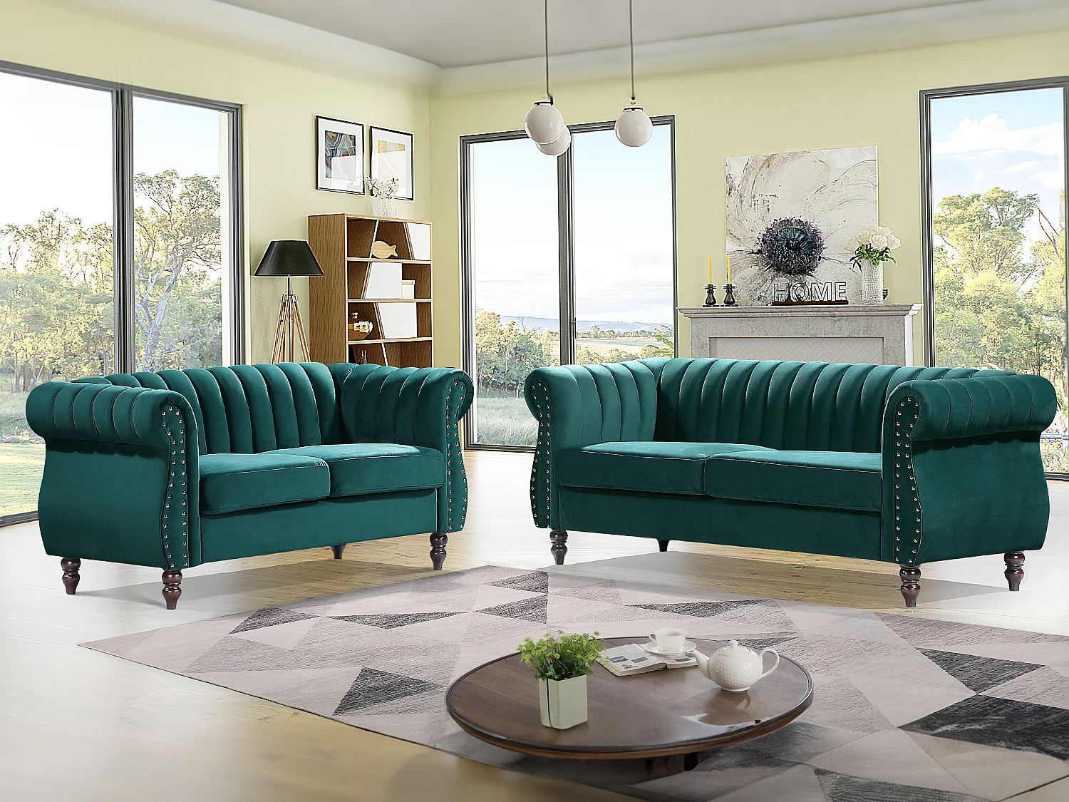 Chesterfield-Sofagarnitur - 3-Sitzer & 2-Sitzer - Samt - Smaragdgrün - TRUMBO