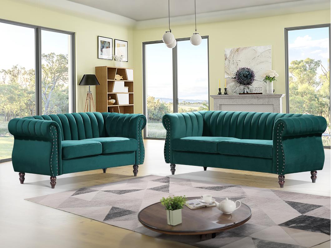 Sofás chesterfield de 3 plazas y 2 plazas de terciopelo verde esmeralda TRUMBO