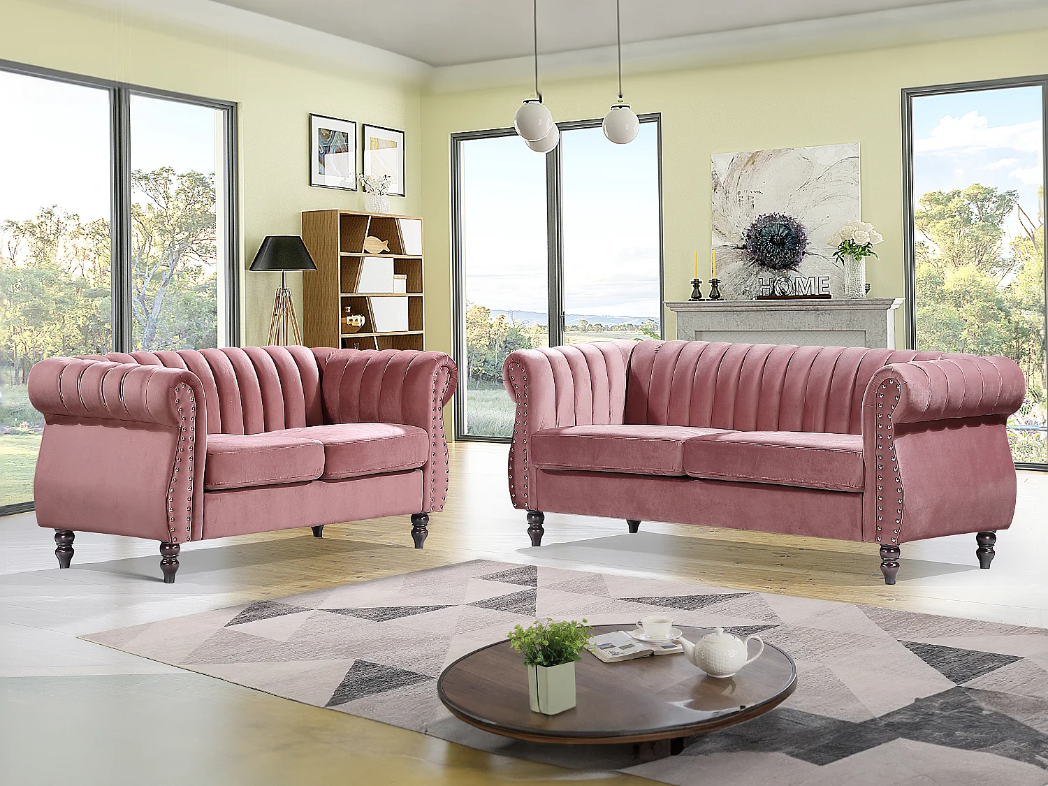 Canapés chesterfield 3 places et 2 places en velours vieux rose TRUMBO
