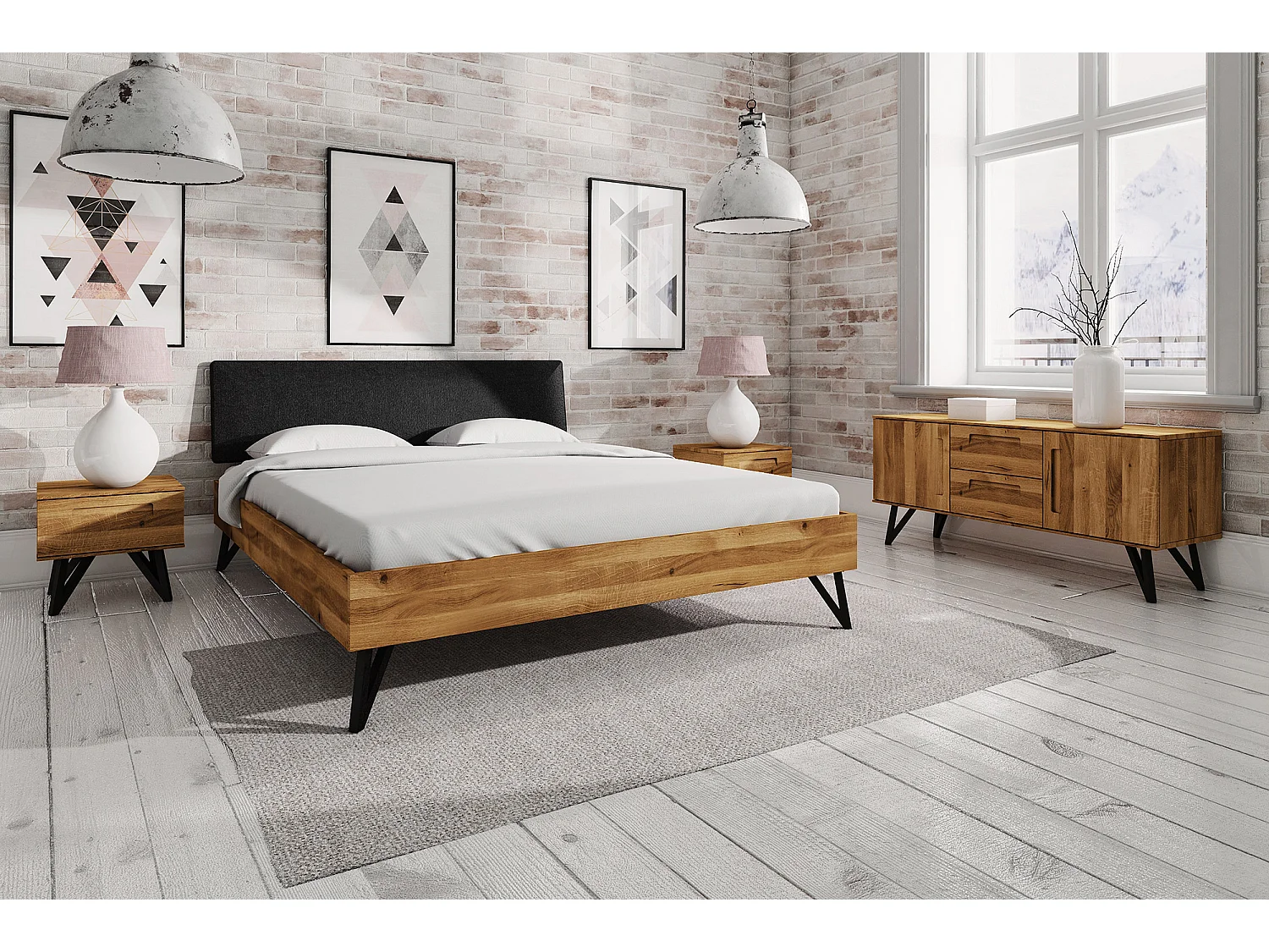 LENI 1 - Letto in legno massello 140 x 200 cm in rovere selvatico oliato