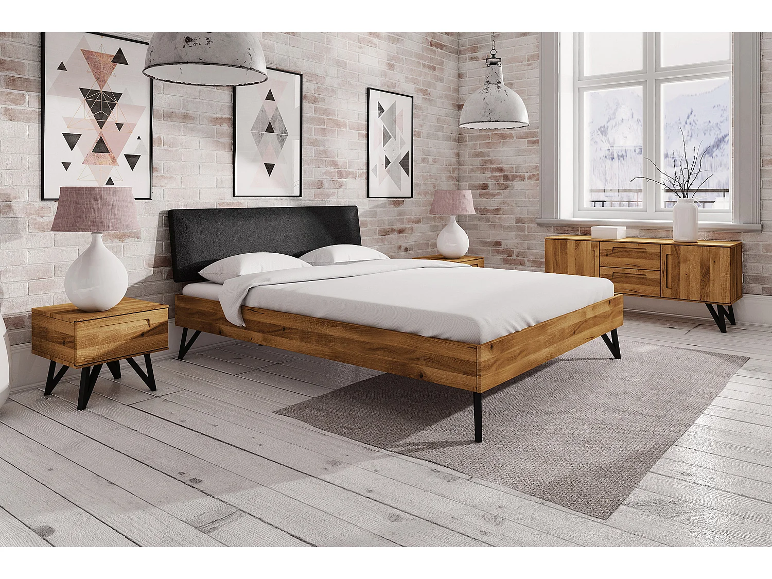 LENI 1 - Letto in legno massello 140 x 200 cm in rovere selvatico oliato