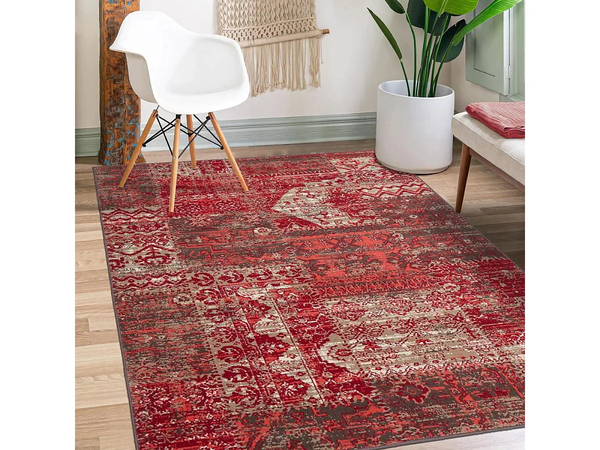 tapis salon 140x200 tissé rouge rectangle motif ethnique LYN1 PATWORK