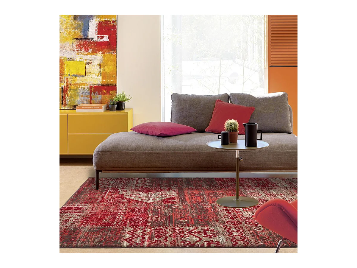 tapis salon 140x200 tissé rouge rectangle motif ethnique LYN1 PATWORK