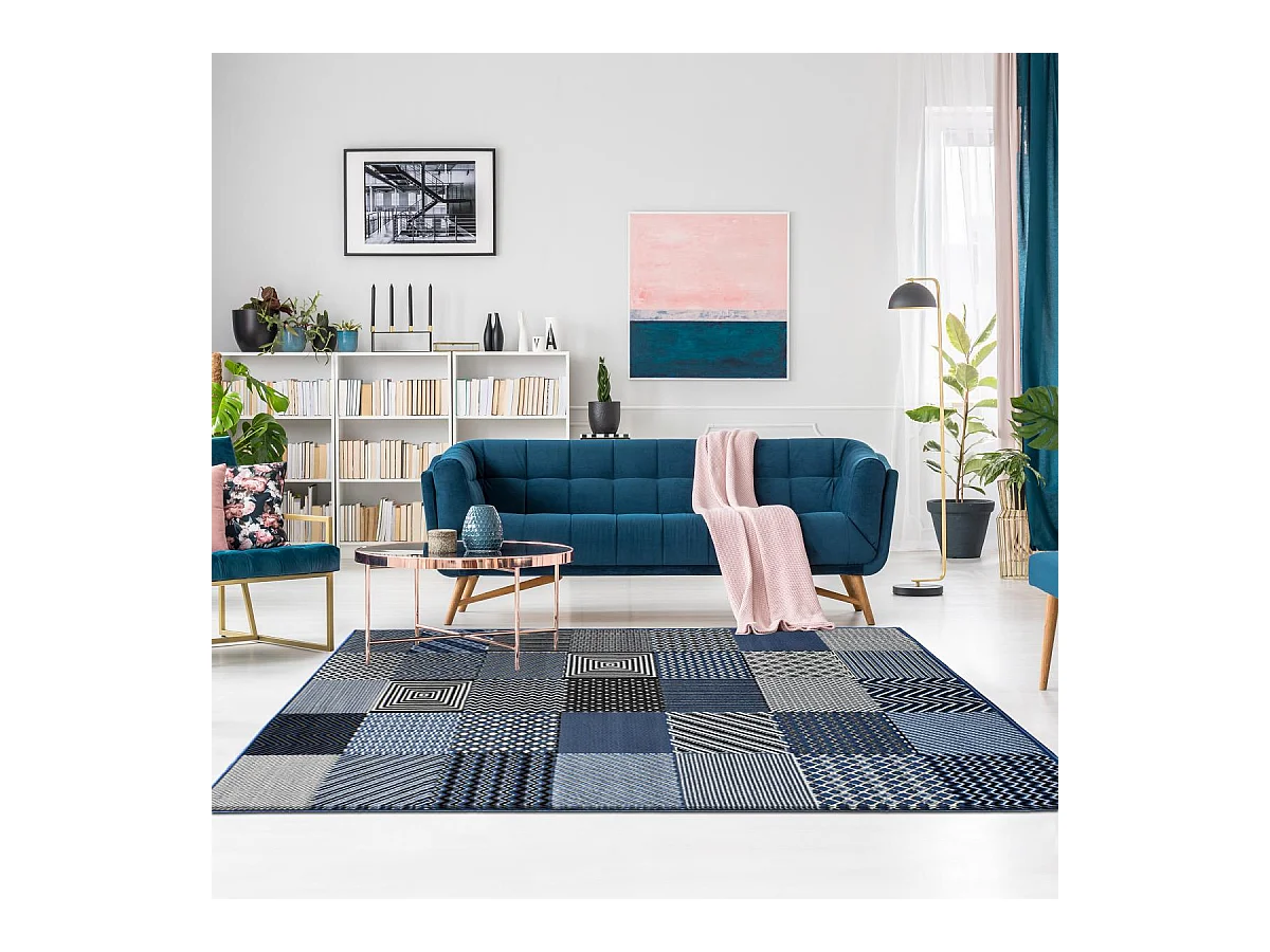 tapis chambre 80x150 tissé bleu rectangle motif géométrique LYN1 GEOTREM