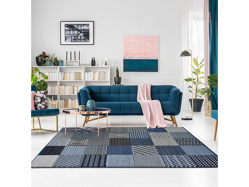 tapis chambre 80x150 tissé bleu rectangle motif géométrique LYN1 GEOTREM