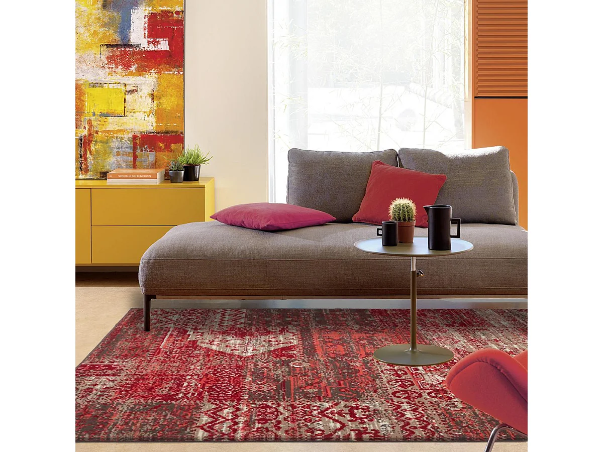 tapis chambre 80x150 tissé rouge rectangle motif ethnique LYN1 PATWORK