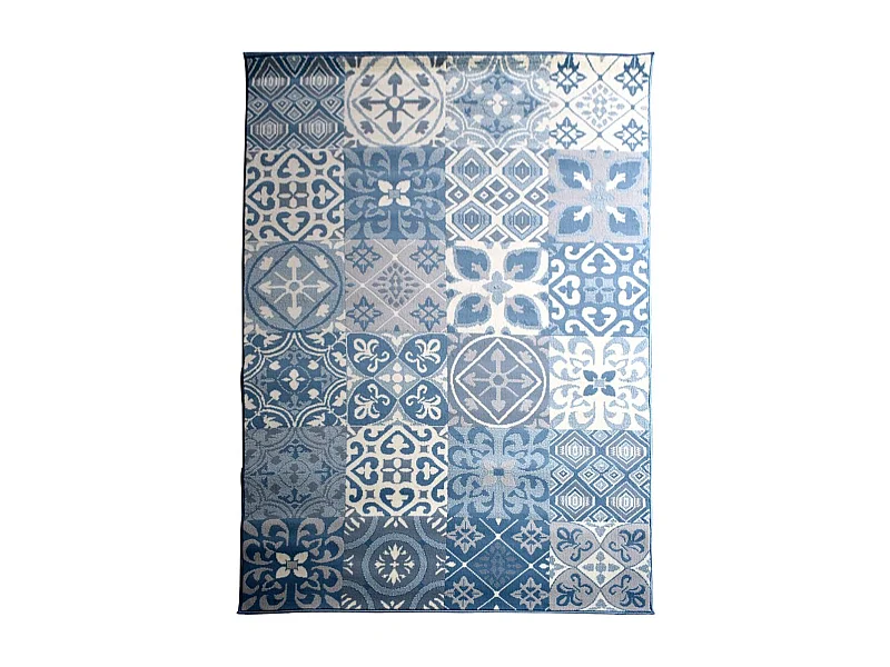 tapis chambre 60x110 tissé bleu et beige rectangle motif oriental LYN49 TCHIMETO