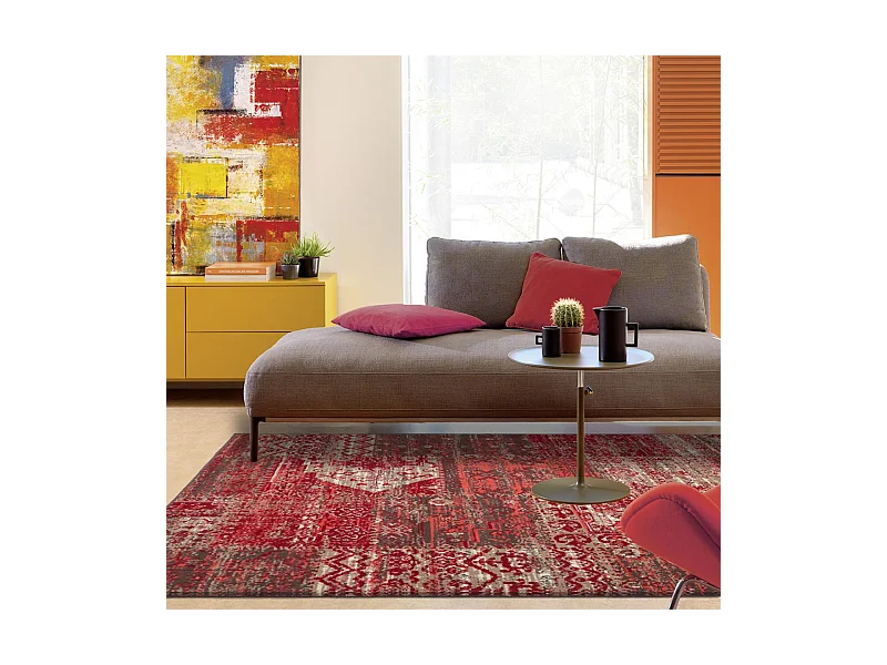 tapis salle à manger 235x320 tissé rouge rectangle motif ethnique LYN1 PATWORK