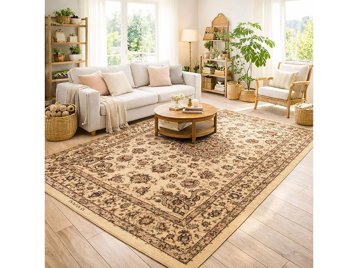 Tapis oriental 120x170 rectangle beige tissé motif ancestral AKLIM
