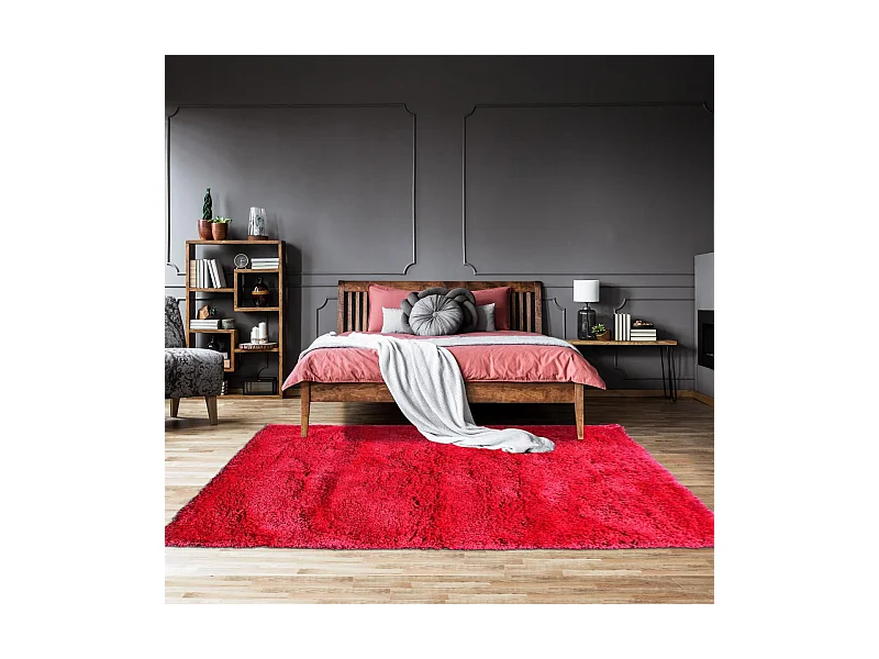 Tapis longs poils shaggy 60x110 rectangle fait main fuchsia motif uni LUXE