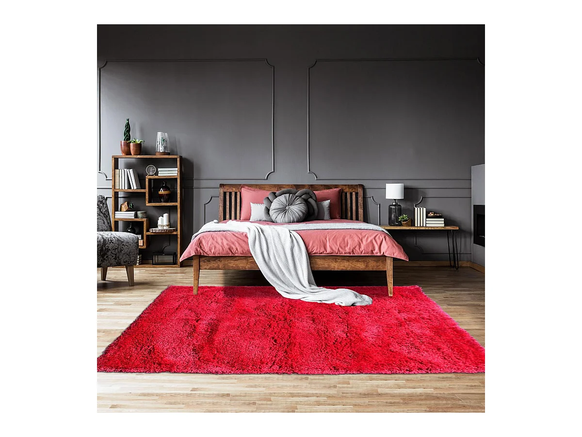 Tapis longs poils shaggy 60x110 rectangle fait main fuchsia motif uni LUXE