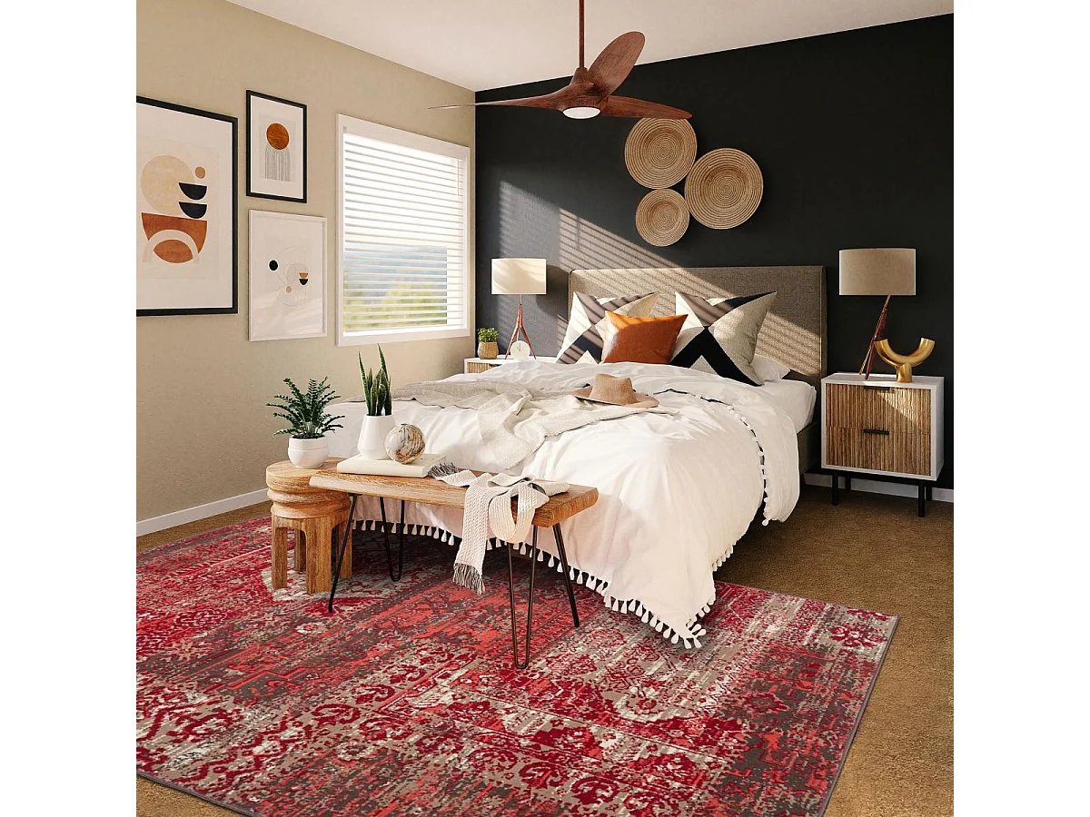 tapis salon 200x290 tissé rouge rectangle motif ethnique LYN1 PATWORK