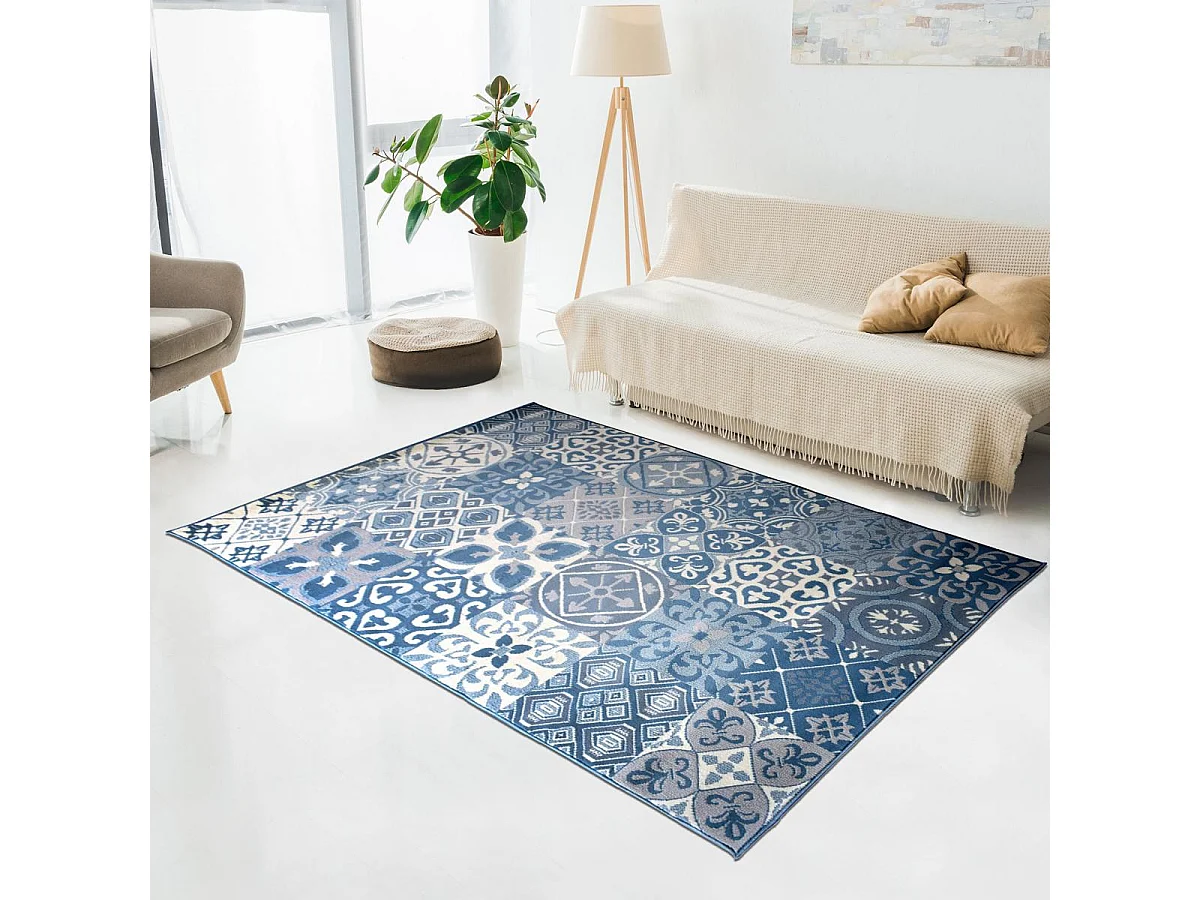 tapis salle à manger 200x290 tissé bleu et beige rectangle motif oriental