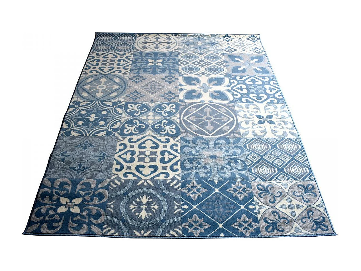 tapis salle à manger 200x290 tissé bleu et beige rectangle motif oriental