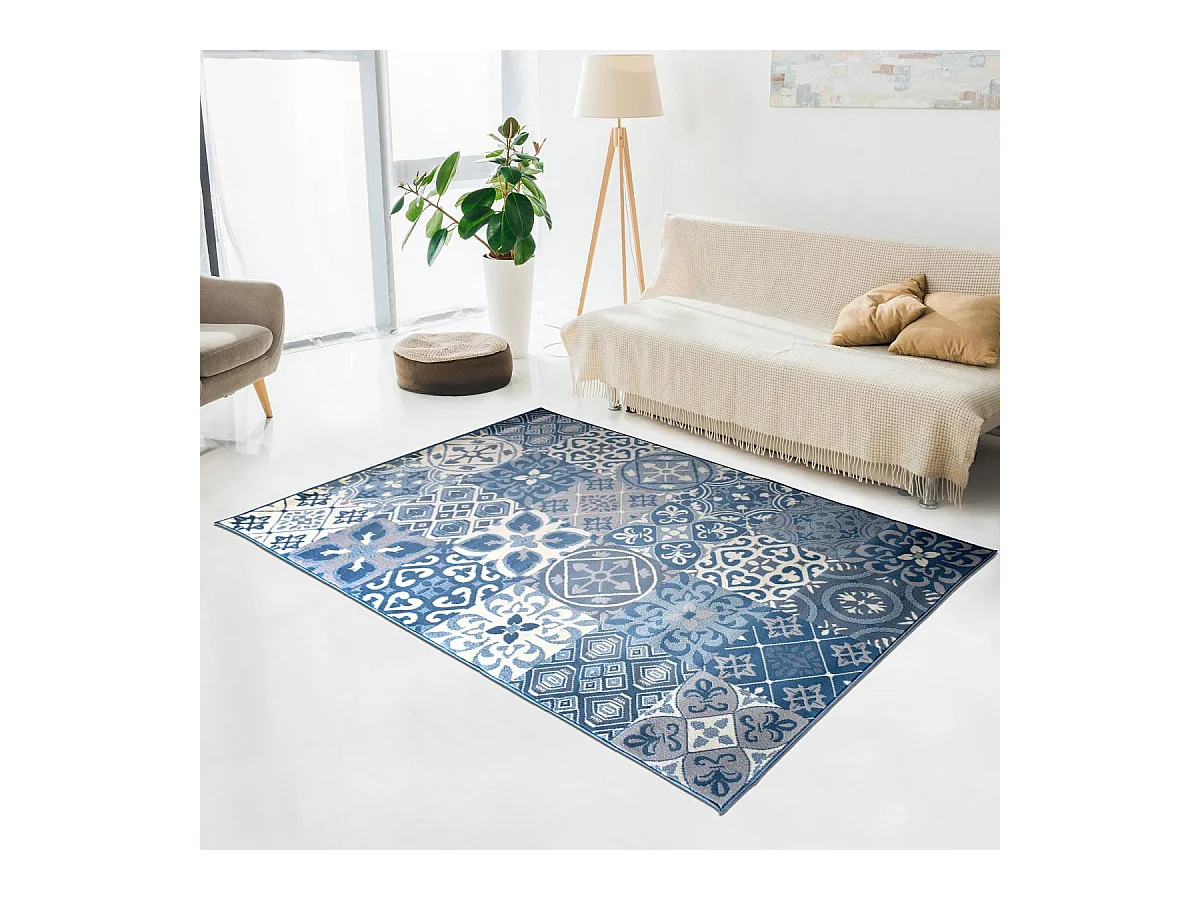 tapis salle à manger 200x290 tissé bleu et beige rectangle motif oriental